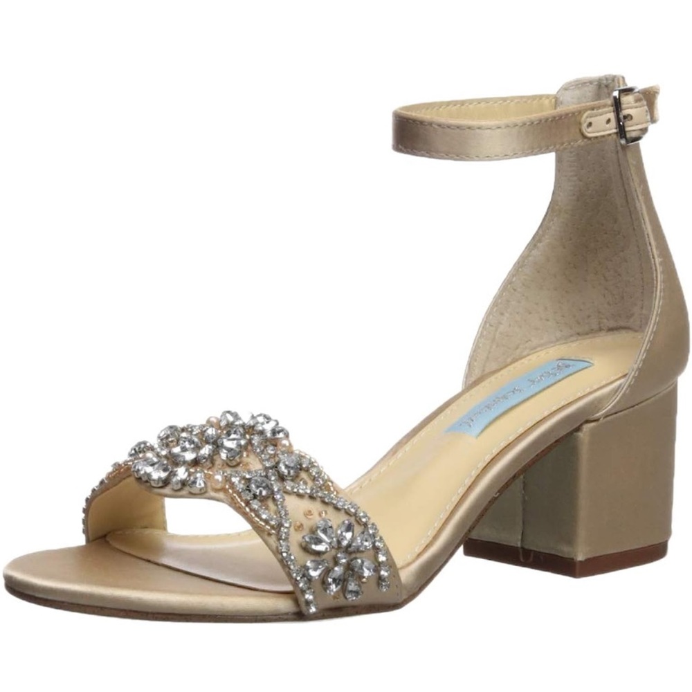 Champagne/gold jeweled low block heels.